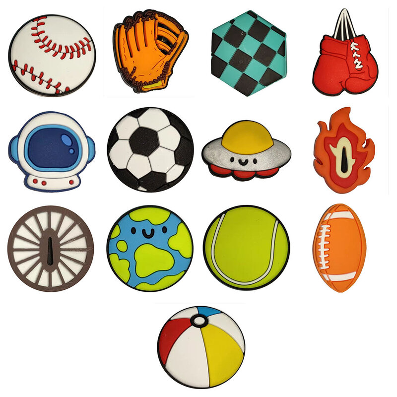 1PCS PVC การ์ตูนน่ารัก Charms รองเท้าเบสบอลถุงมือมวยหมวกนิรภัยฟุตบอล UFO เปลวไฟล้อ Earth เทนนิส Rugby Ball Croc charms