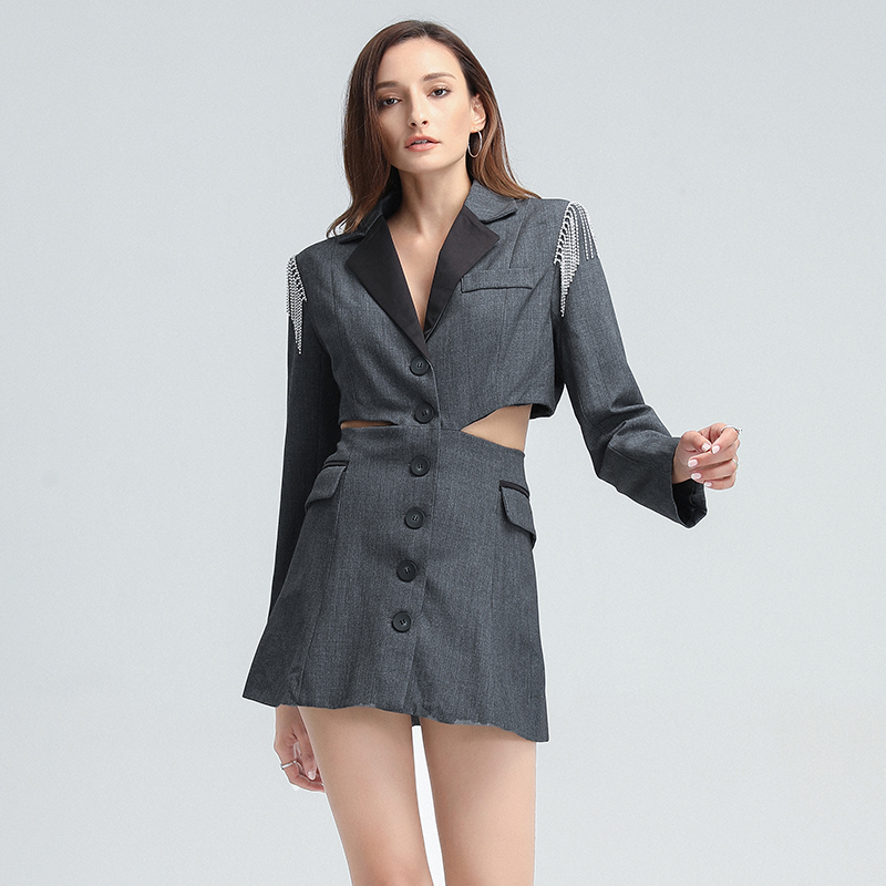 TWOTWINSTYLE-chaquetas de manga larga con solapa para mujer, retales con borlas, de cintura alta, color gris, 2020