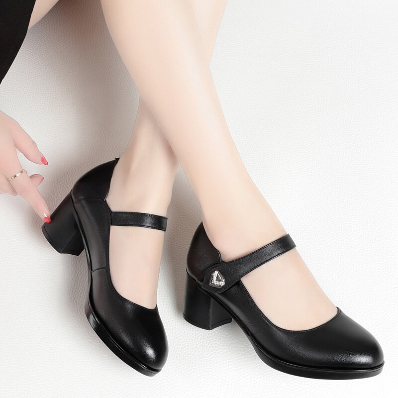 AIYUQI-zapatos de tacón alto de piel auténtica para mujer, calzado de punta redonda, Mary Jane, 41 42 talla grande, primavera 2022