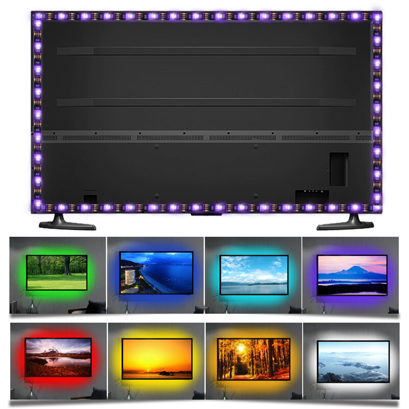 Kit de iluminação para fundo de tv, conjunto com fita de led, usb, rgb, 5050, ir, rf, música, bluetooth, controle remoto, 0.5m, 1m, 2m