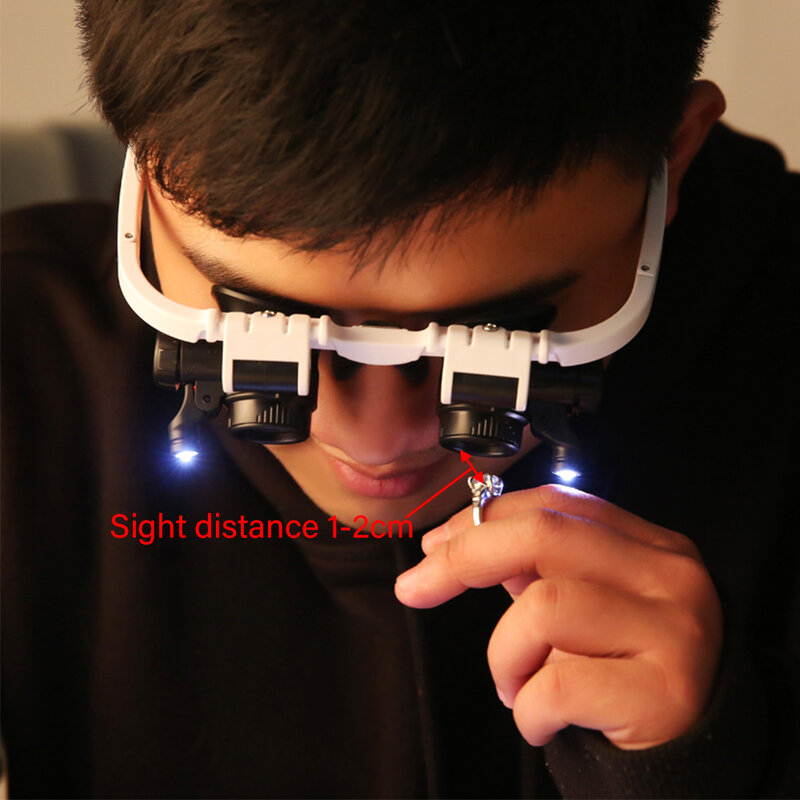 8x/15x/23x joalheiro leitura relojoeiro lupa com luz led óculos binoculares cabeça lupa vista distância 1-2cm