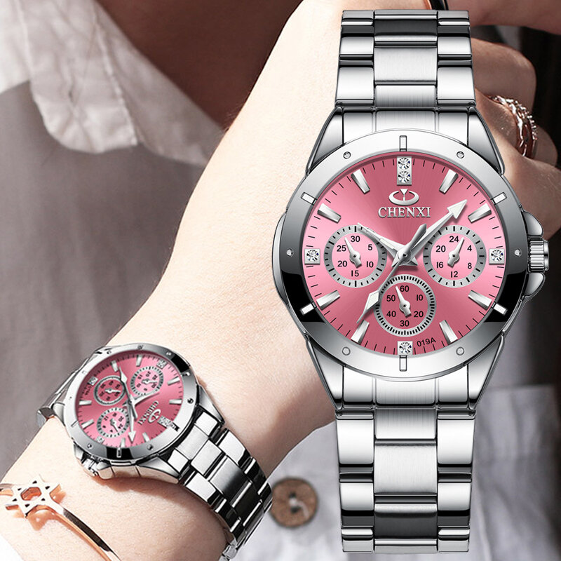 女性のための高級クォーツ時計,ステンレス鋼のブレスレット,ビジネス,ピンクのアナログ時計