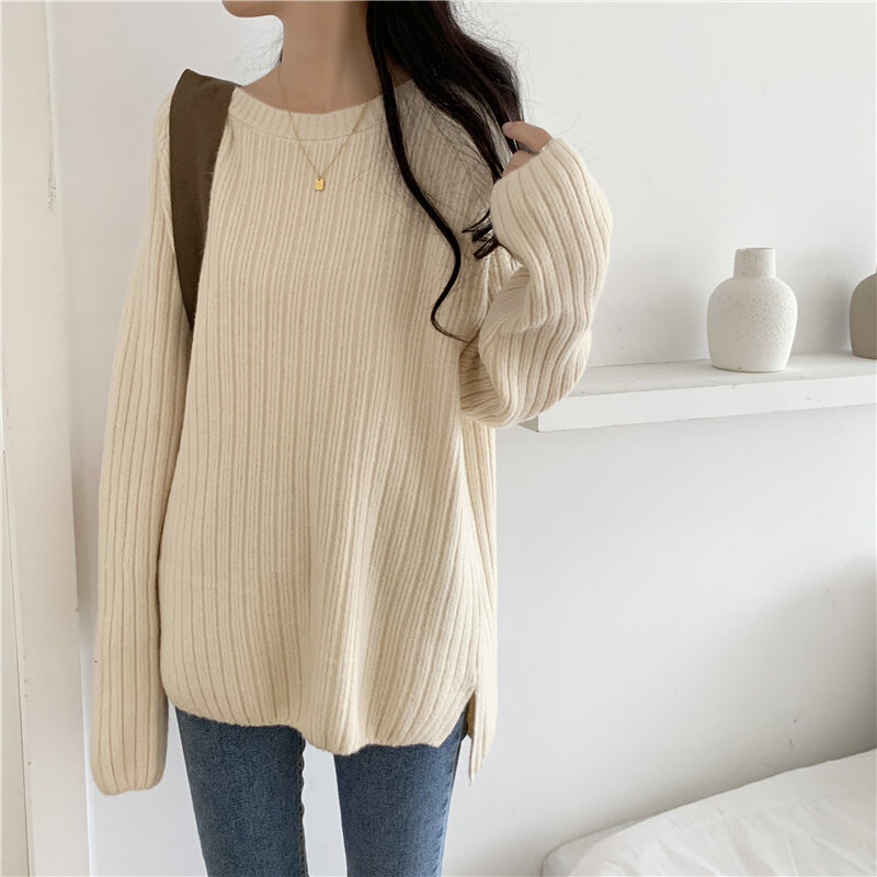 AOSSVIAO 우아한 두꺼운 느슨한 대형 Pullovers 여성 겨울 o-neck 느슨한 긴 스웨터 Streetwear 따뜻한 겉옷 2021 베이지
