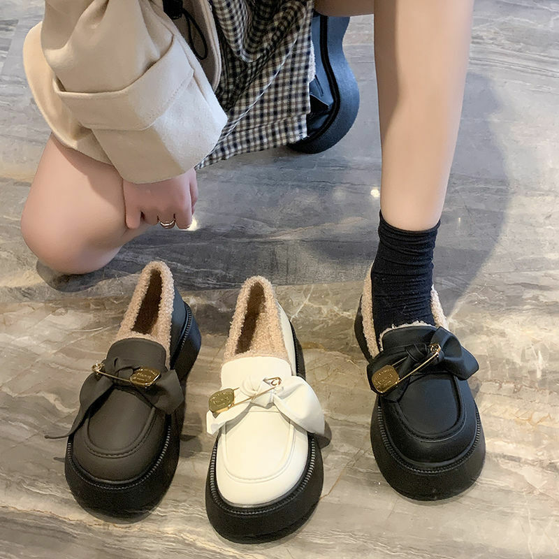 Platform Shoes For Women Plush Mary Jane Shoes Fall Winter Flat Warm Cotton Shoes Student Uniform JK Shoes Loafers Zapatos Mujer