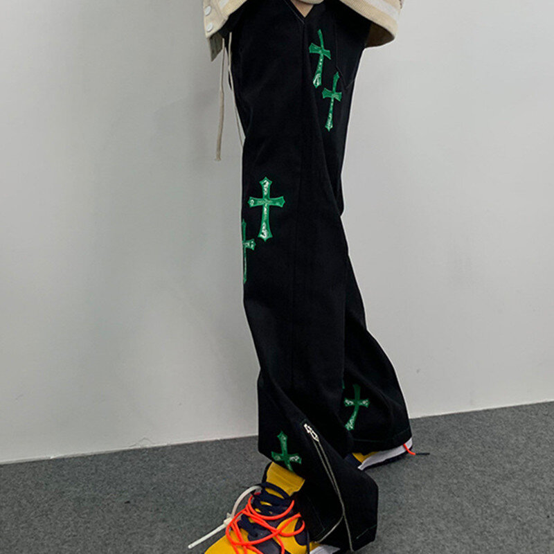 Мужские мешковатые брюки на молнии, с вышивкой крестом, в стиле K-POP