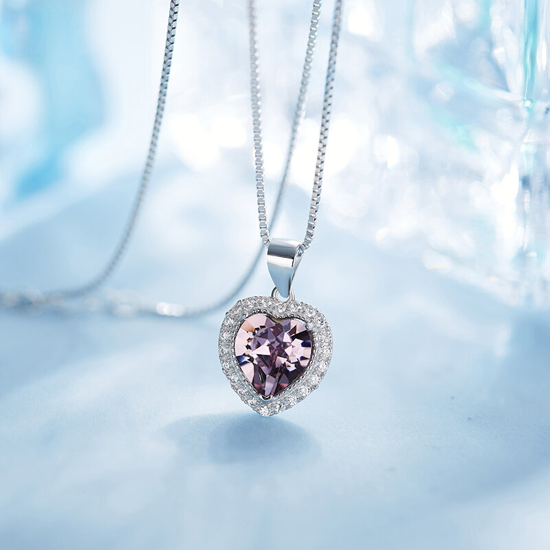 Ogulee venda quente s925 prata esterlina 12 aniversário pedra coração colar feminino cristal strass moda jóias presente de aniversário