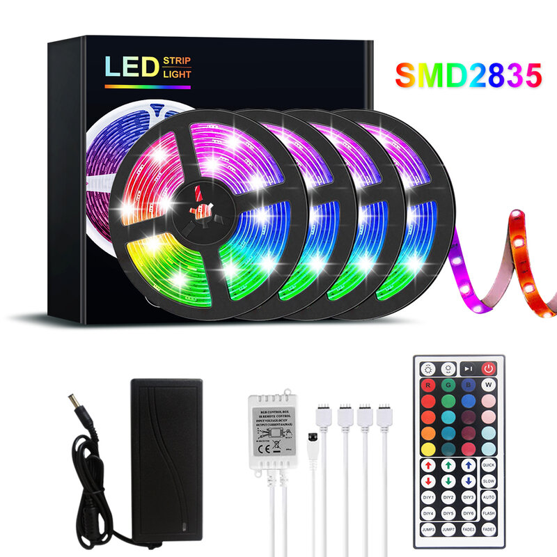 Bandes lumineuses LED RGB 2835 SMD DC 12V, étanches, flexibles, pour salle, 5M 10M 15M 20M, télécommande 44 touches