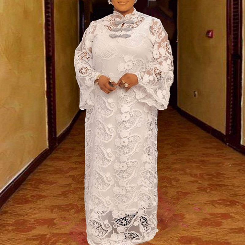 Платье-Макси женское кружевное с расклешенными рукавами и круглым вырезом