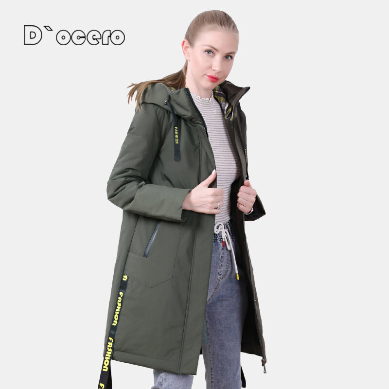 D' ocero 2021 새 봄 자켓 여성 패션 파카 퀼트 플러스 사이즈 가을 여성 코트 방풍 줄 지어 후드 롱 아우터