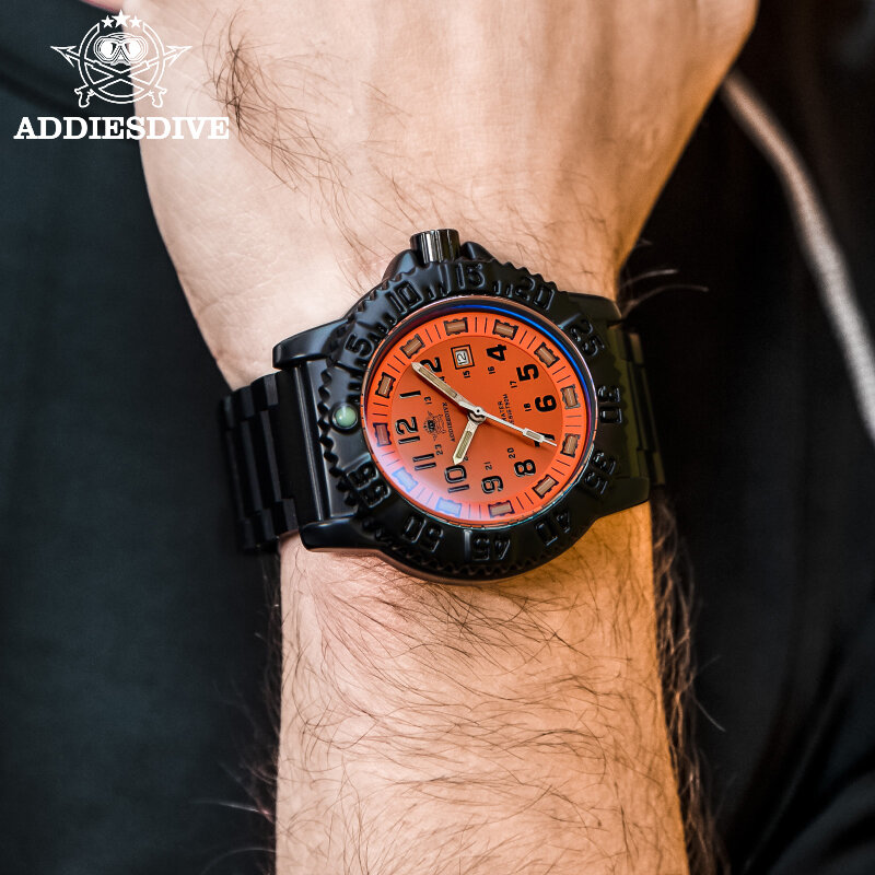 Addies homens de mergulho moda casual relógio calendário display 50m à prova d 'água tubo luminoso relógio mostrador laranja rotativa bezel relógio de quartzo