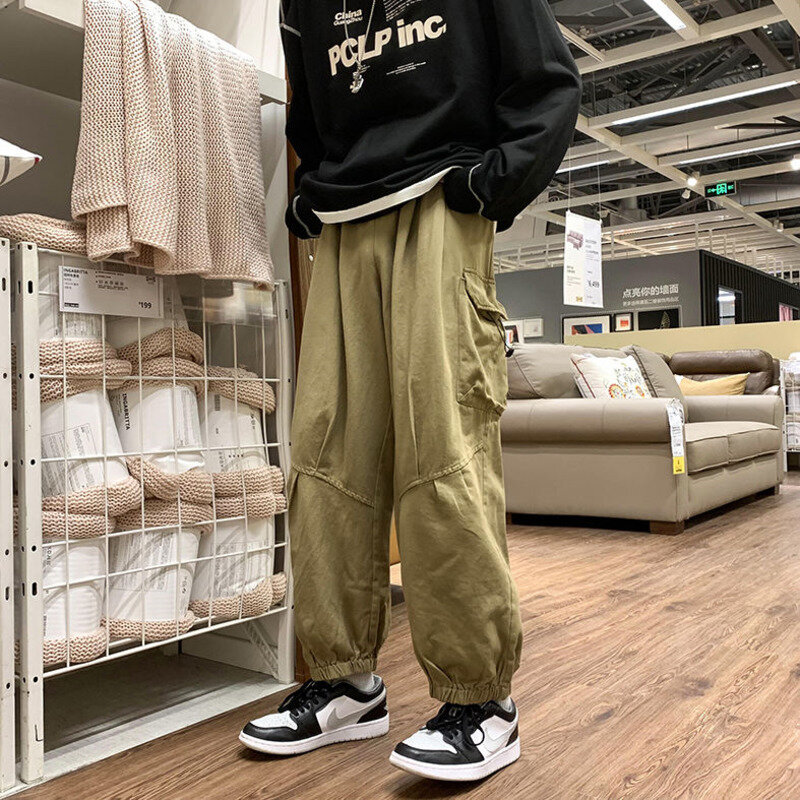 Calças casuais de algodão moda masculina retro bolso carga calças homem streetwear solto hip-hop calças retas dos homens macacão