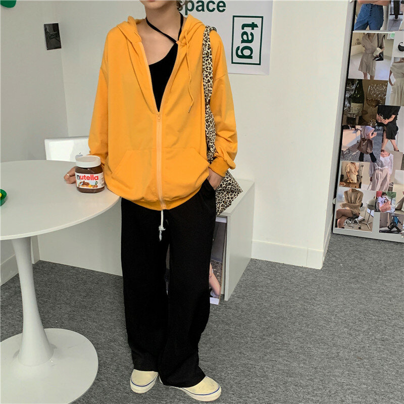 Hoodie Wanita Kapas Kaus 2020 Musim Gugur Baru Warna Solid Cardigan Korea Longgar Gadis Muda Olahraga Pakaian Kasual 50B