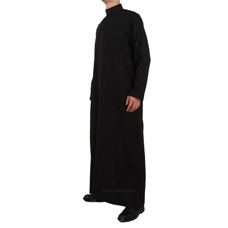 Pria Muslim Jubba Thobe Padat Lengan Panjang Jubah Timur Tengah Kasual Doa Tradisional Arab Dubai Qatar Islamic Pakaian