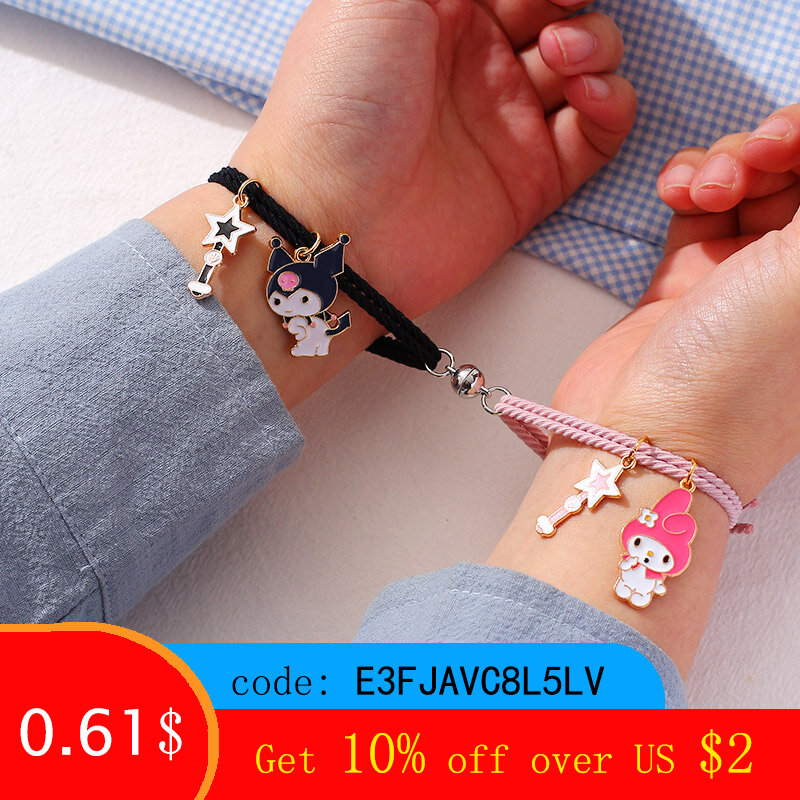 2pcs/Set Magnet Attracts Couple Bracelet Cute Cartoon Charm Jewelry Adjustable Elastic Rope Bracelets Lover Gift for Women Men