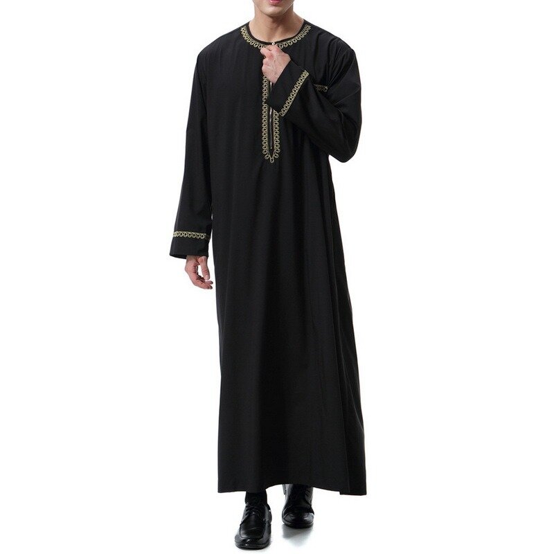 Muçulmano árabe médio oriente masculino impresso zip em torno do pescoço robe cor sólida longo comprimento topos em torno do zíper casual solto camisa masculina