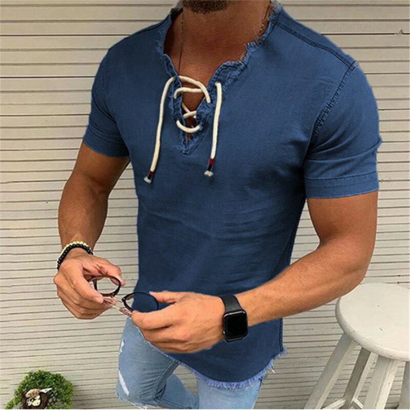 Mannen Denim Shirts V-hals Hollow Out Lace Up Casual Korte Mouw Vintage Lente Zomer Mode Sexy Mannen Shirts tops 2021