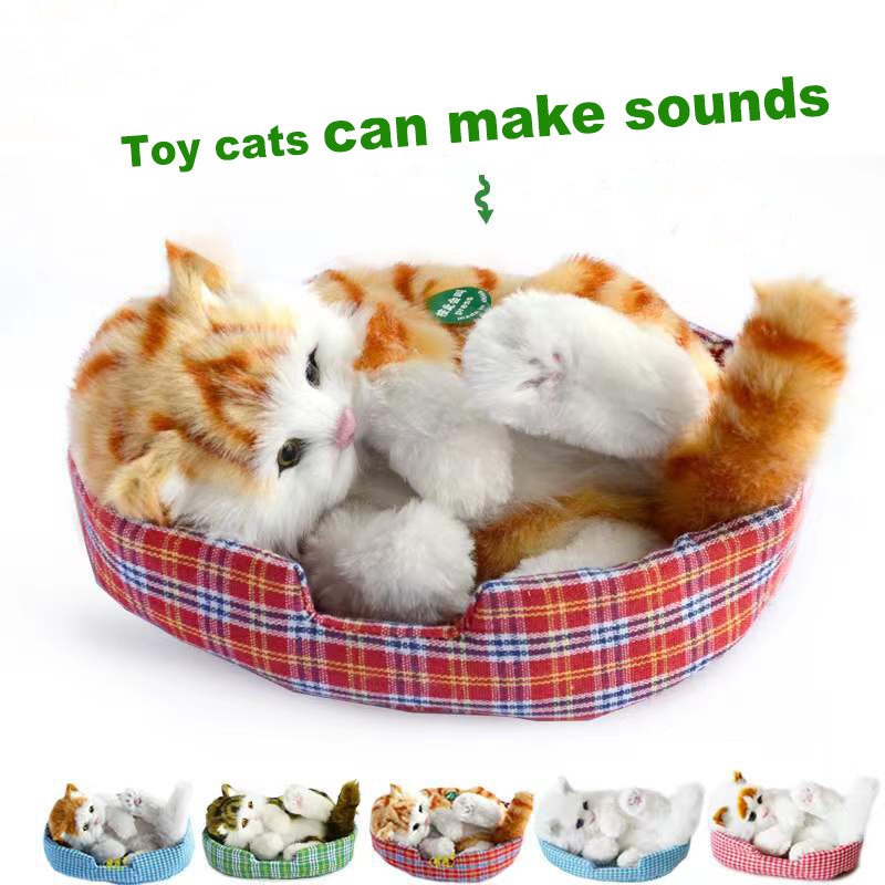 Gato de brinquedo bonito com simulação de som gato artesanato simulação modelo animal decoração para casa presente criativo balbuciar pequeno gato