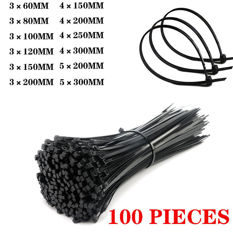 Amarre de cables de nailon de plástico autoblocante, 100 piezas, negro, 5x300, anillo de fijación, juego de amarre de cables industrial 3x200