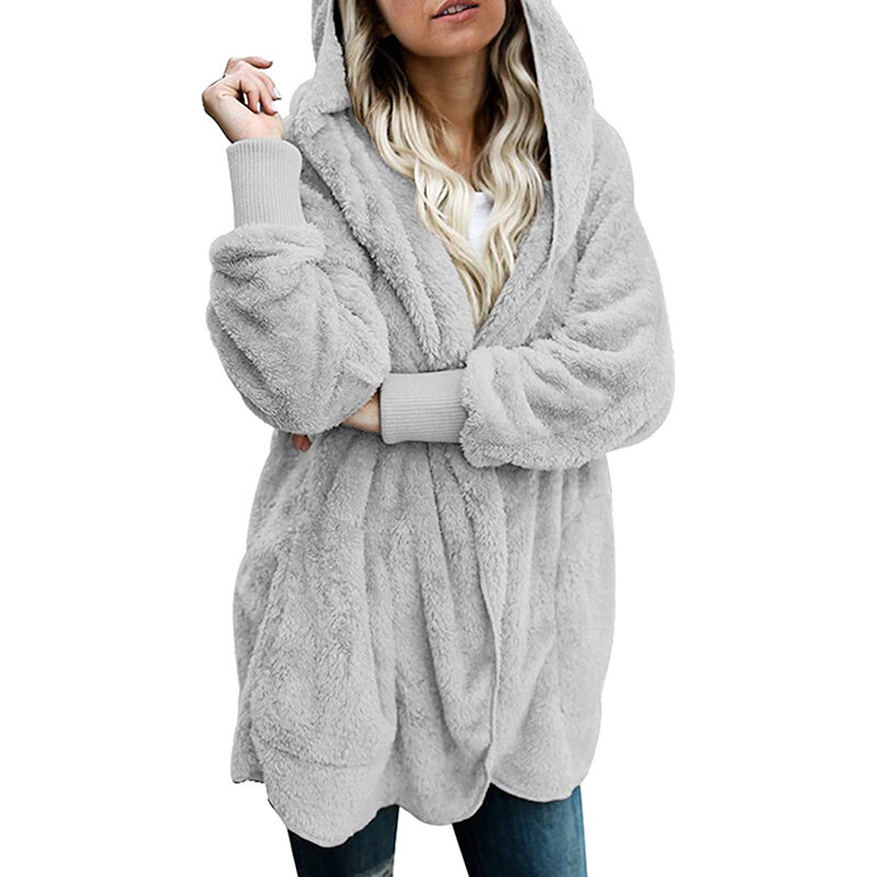 Cárdigan de piel sintética para mujer, abrigo de felpa con bolsillos, chaqueta de lana lisa con capucha frontal abierta