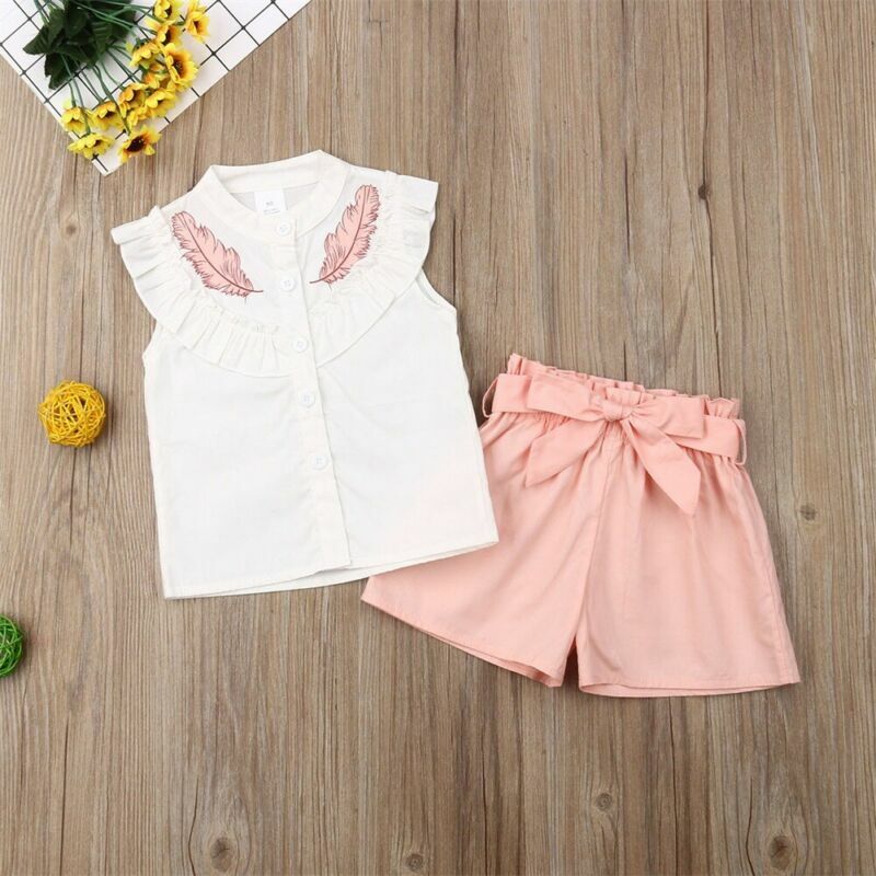 Lovely Kid Baby Girls Feather Clothes Sets Summer Sleeveless Tops Bandage Shorts 2pcs Outfits Fashion Clothing 2-6Years