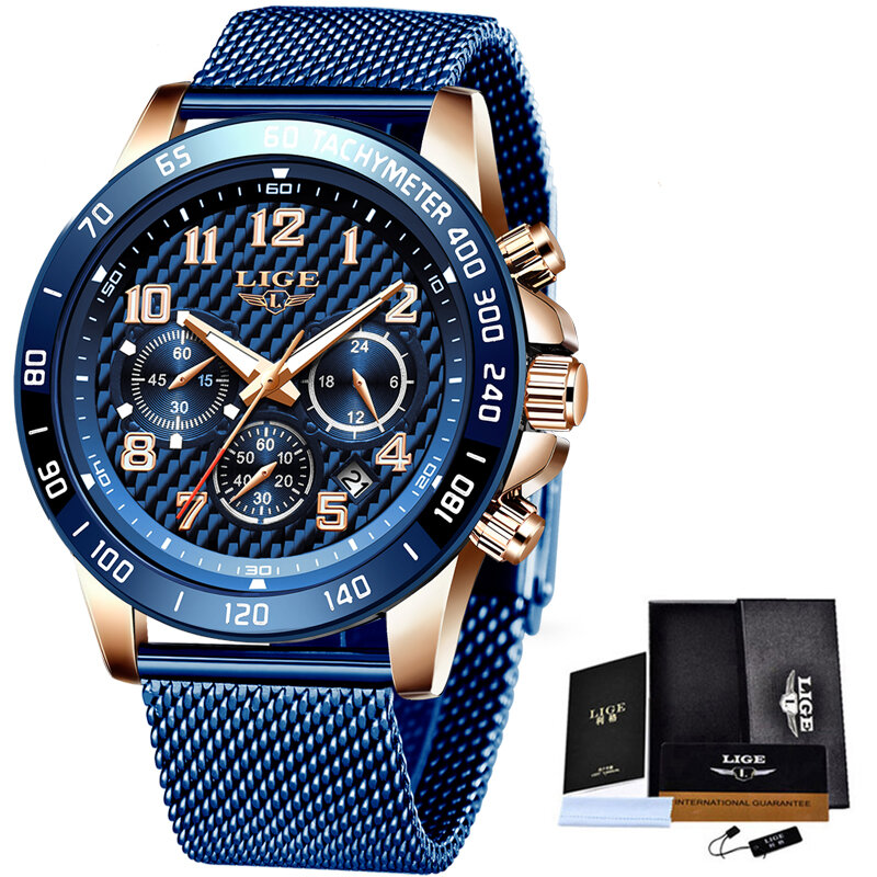 Lige relógios masculinos de luxo à prova d'água, luminoso, azul, de malha, de quartzo, esportivo, de aço inoxidável, cronógrafo, 2020