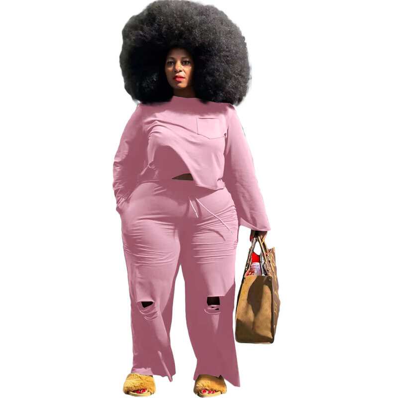 Haoohu roupas femininas tamanhos grandes roupas de rua wear calças ternos casuais conjuntos de duas peças cor sólida em torno do pescoço sexy buraco urbano casual
