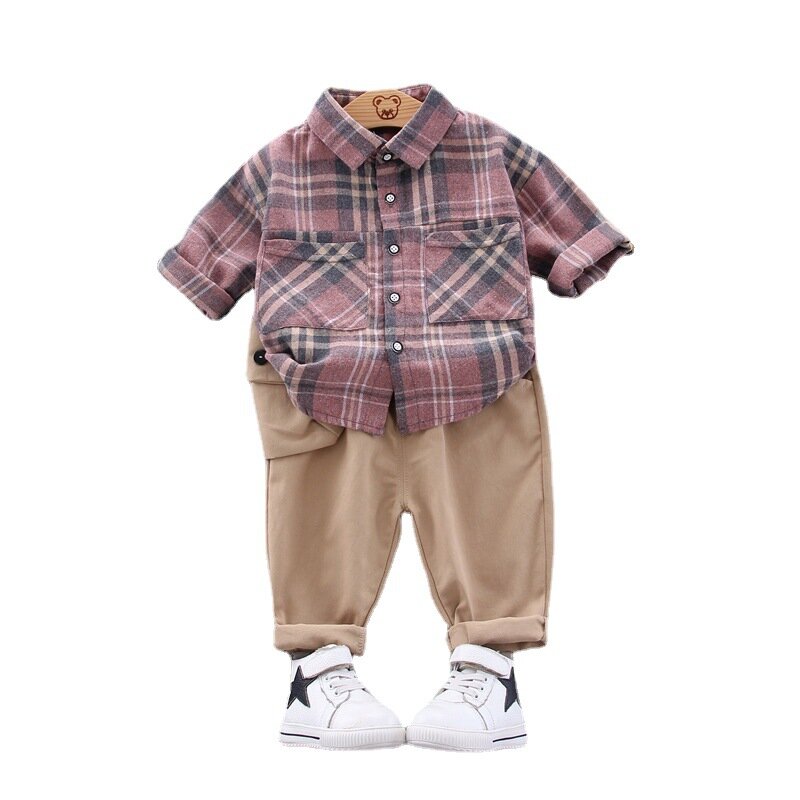 Para meninos roupas na moda terno das crianças meninos estilo coreano estrangeiro bonito camisa do bebê masculino primavera e outono xadrez
