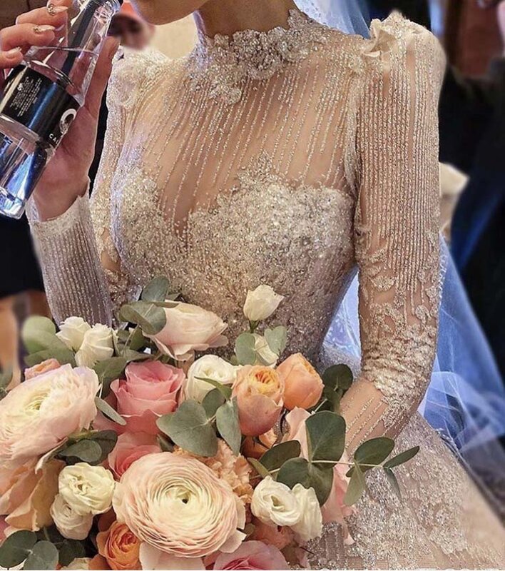 Vintage Vestidos De Novias High Collar O Neck Bling Bling Glitter Fabric Long Sleeve Ball Gown Muslim Wedding Dresses
