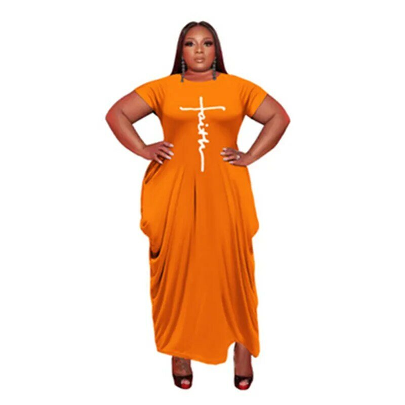 Faith-vestido largo holgado con estampado de letras para mujer, vestido de talla grande, manga corta, cuello redondo, bolsillos, informal, 4XL, 5XL, 2021