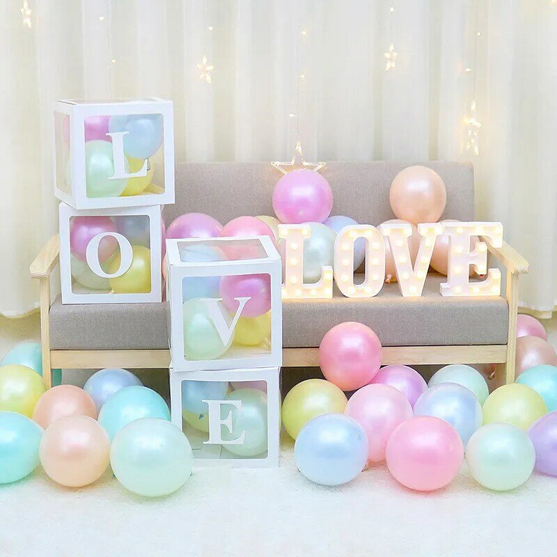 Boîte à ballons transparente avec lettres, accessoires, décoration pour mariage, premier anniversaire, fête prénatale