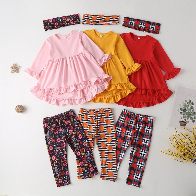 Abiti per ragazze autunnali Toddler Kid Baby Girl Solid Ruffle Clothes set T-shirt Top Dress + pantaloni lunghi Suit Baby Clothing 3PCS