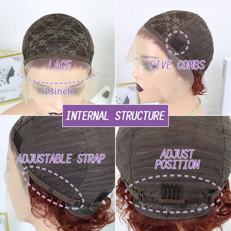 Peluca de cabello humano brasileño Remy para mujer, postizo de encaje frontal con corte Pixie, corto y rizado, Color Natural, prearrancado