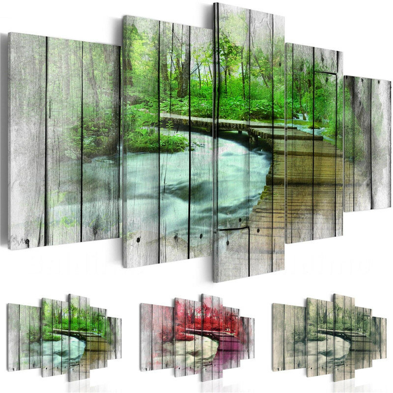 현대 벽 예술 5 조각 북유럽 포스터 나무 Trestle 강 숲 캔버스 회화 나무 배경 장식 그림 홈 장식