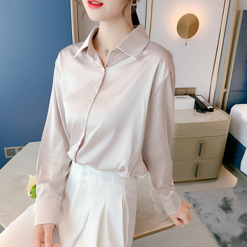 Blus Kemeja Wanita Sutra 2021 Atasan Wanita Satin Mode Baju Kancing Lengan Panjang Baju Kantor Wanita Baju Dasar Solid Baju Wanita