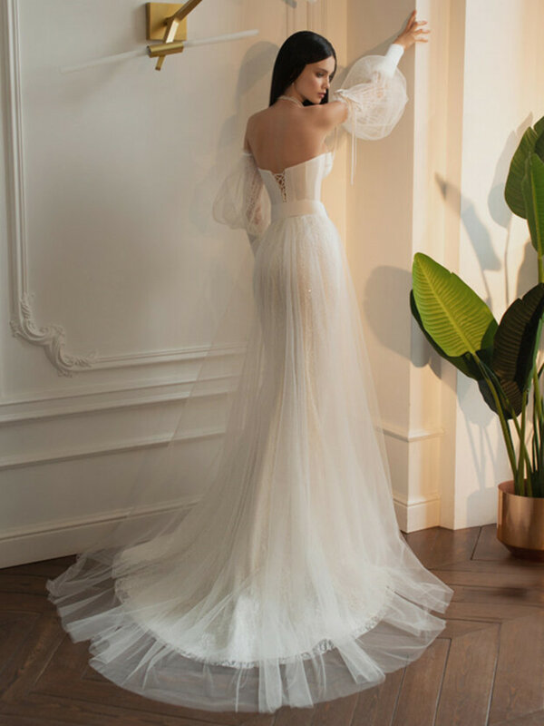 Платье свадебное с пышными рукавами, кружевное с открытой спиной и шлейфом