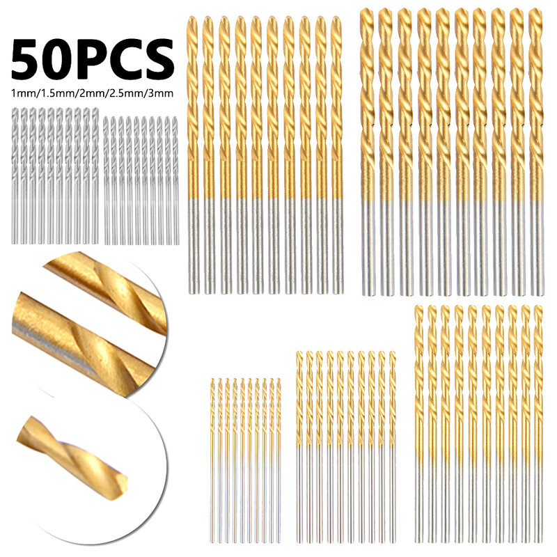 50 peças de titânio revestido broca bits hss alta velocidade aço broca conjunto ferramenta qualidade ferramentas elétricas 1/1.5/2/2.5/3mm ferramentas para trabalhar madeira