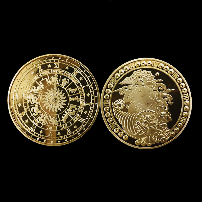 Koin Emas Keberuntungan dari Dua Belas Rasi Bintang Virgo, Aries, Gemini, Aquarius, Capricorn, Leo, Taurus, Pisces Koin Emas Berlapis Emas