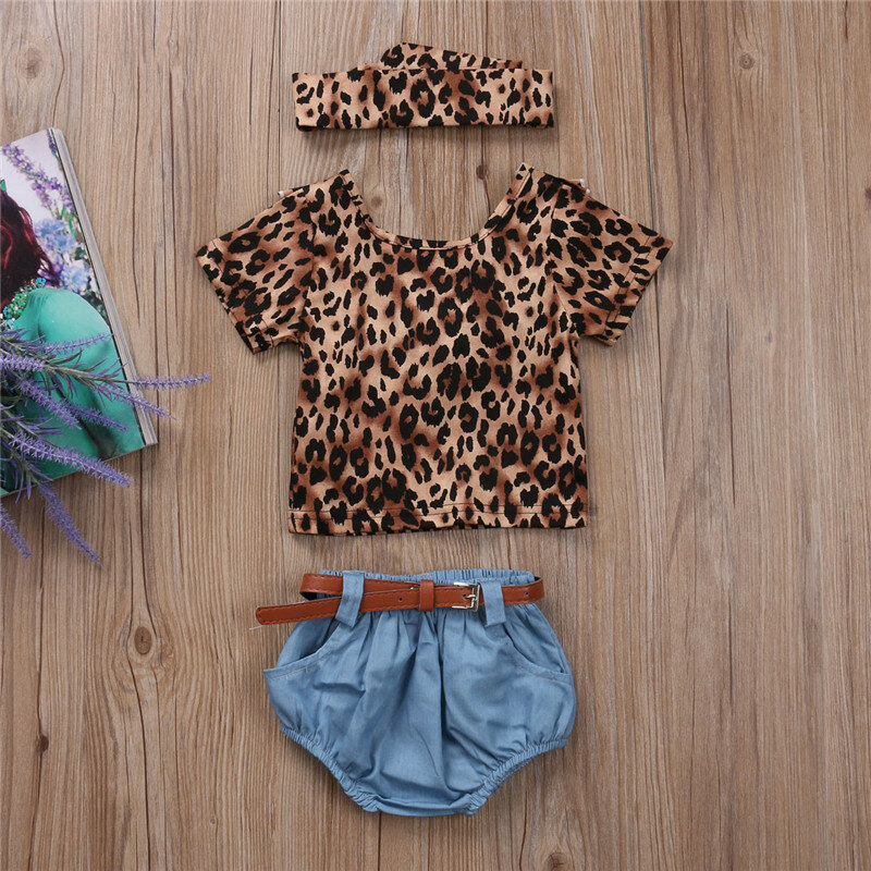 3 uds. Conjuntos de ropa de mezclilla para bebés y niñas de manga corta de verano con estampado de leopardo + Pantalones de mezclilla, conjuntos de ropa a la moda para bebés