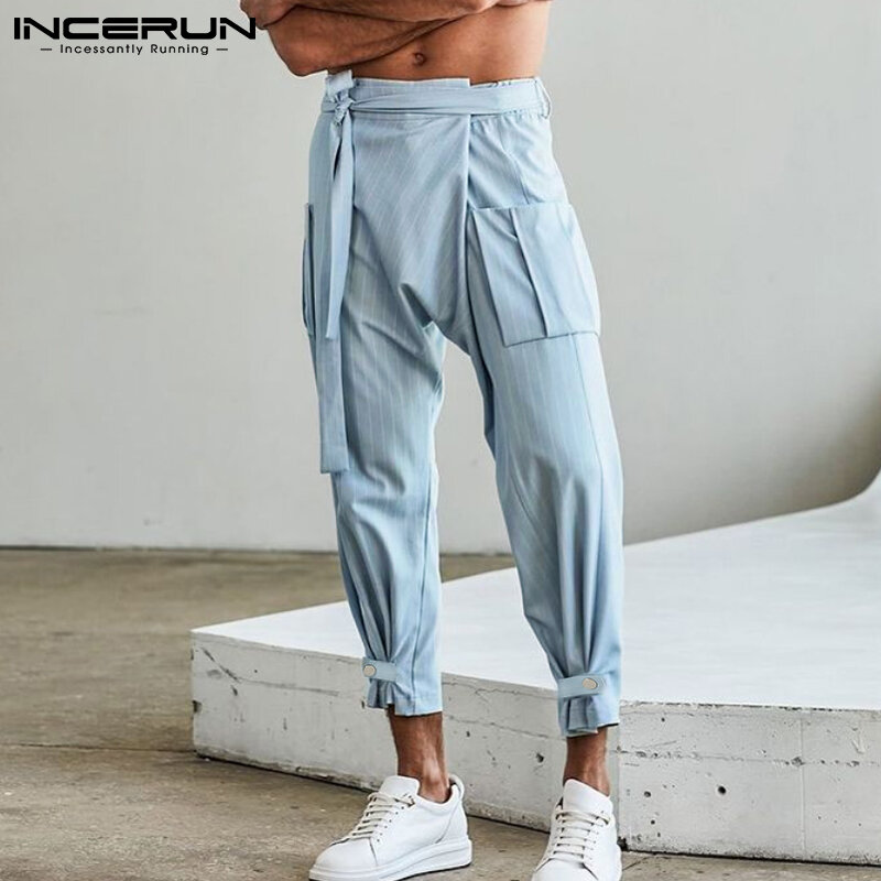 Men's Casual Streetwear Style High Waist Long Pants Wear Loose Solid Color Comfortable Trouser All-match Striped Pantalons S-5XL