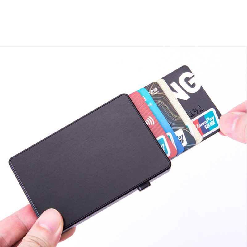 BISI GORO 맞춤형 이름 도난 방지 알루미늄 싱글 박스 스마트 지갑, 슬림 RFID 클러치 팝업 푸시 버튼 카드 홀더 카드 케이스