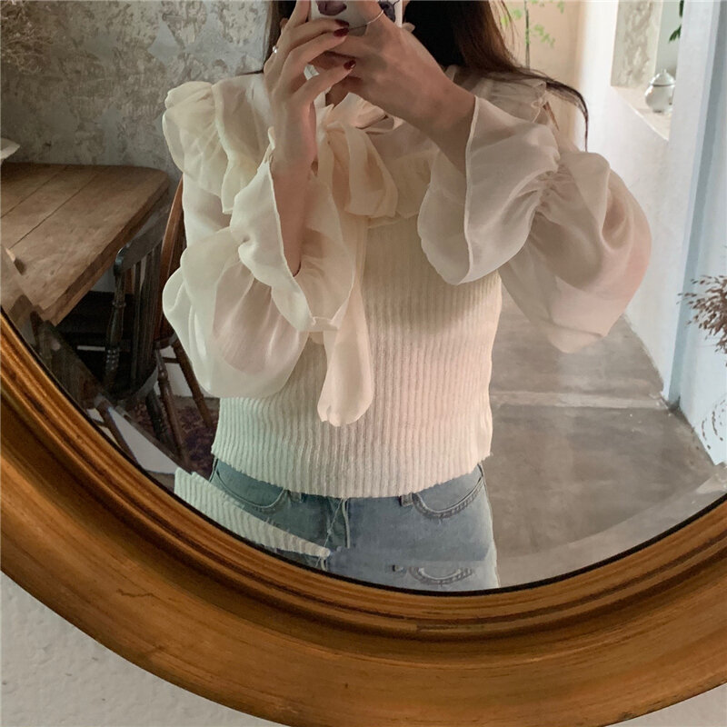 Korean Ins Ruffled Mesh Stitching Immortal Cute Youth-Looking Lace-up Bowknot Knitted Sweater Women's Short Top