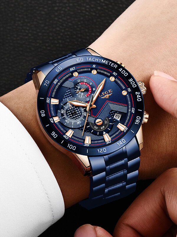 LIGE classique affaires hommes montres Top luxe en acier inoxydable cadran homme horloge étanche Quartz montre hommes Sport chronographe montre