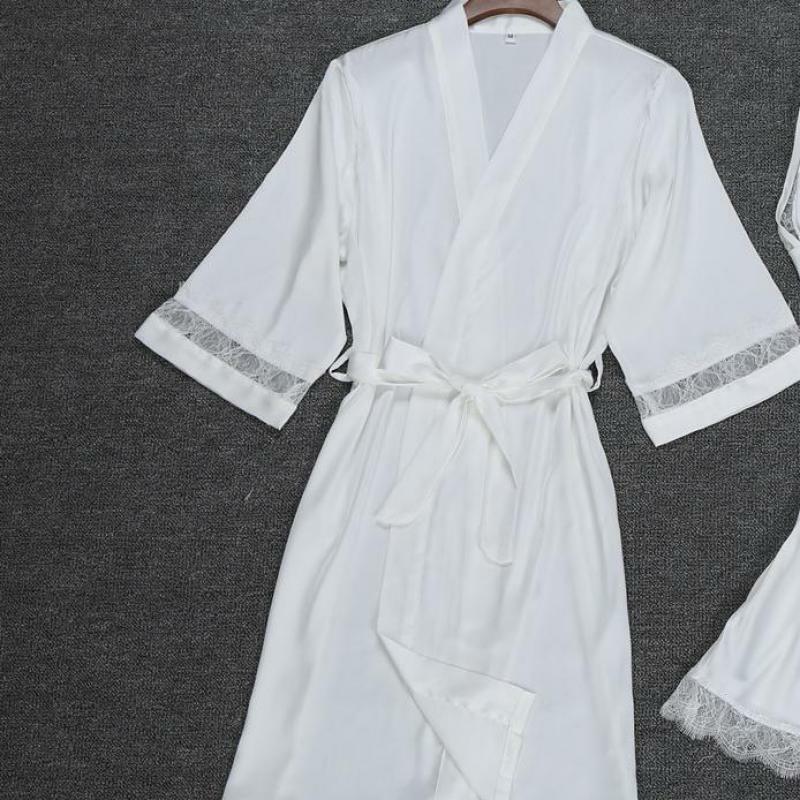 Sexy kobiety Rayon Kimono szlafrok biała panna młoda druhna suknia ślubna zestaw koronki wykończenia bielizna nocna Casual ubrania domowe bielizna nocna