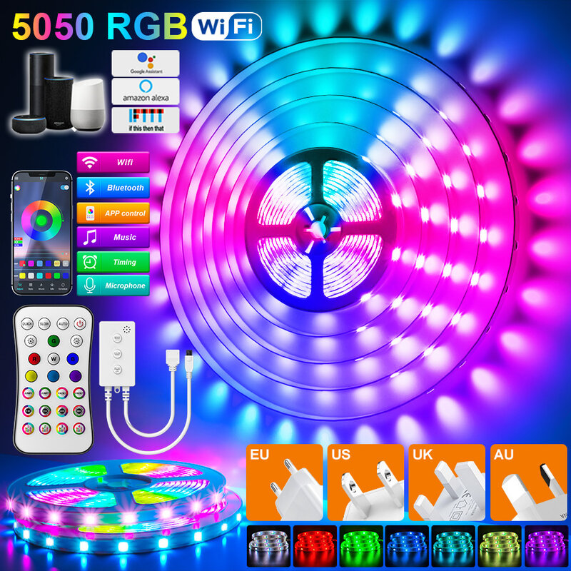 Wifi LED Strip Lights 5050 RGB Led Lights 5-30M Bluetooth Flexible Waterproof Tape Diode Alexa Phone Control With Power Adapter