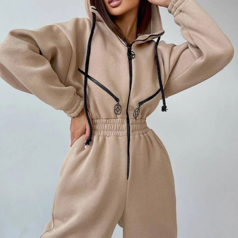 Casual Women Tracksuit Autumn Winter Hooded Jumpsuits Rompers Set Solid Hoodies Pants One-piece Suit Female Clothes Black White