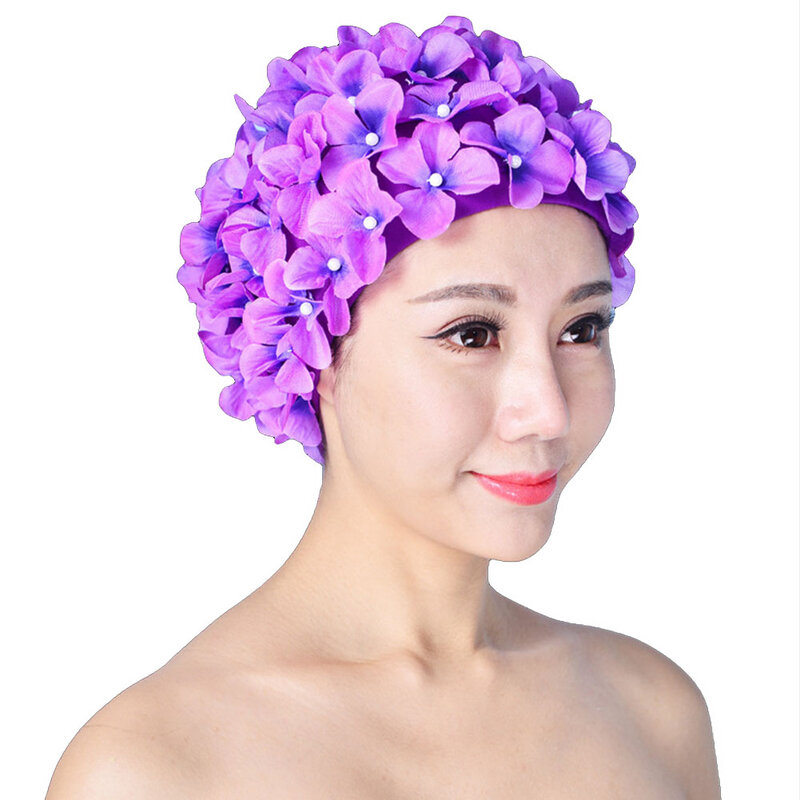 ผู้หญิง Handmade Beach หมวกว่ายน้ำฟรีขนาดยาว Breathable ดำน้ำป้องกันที่ไม่ซ้ำกันดอกไม้ยืดหยุ่นน้ำกีฬา