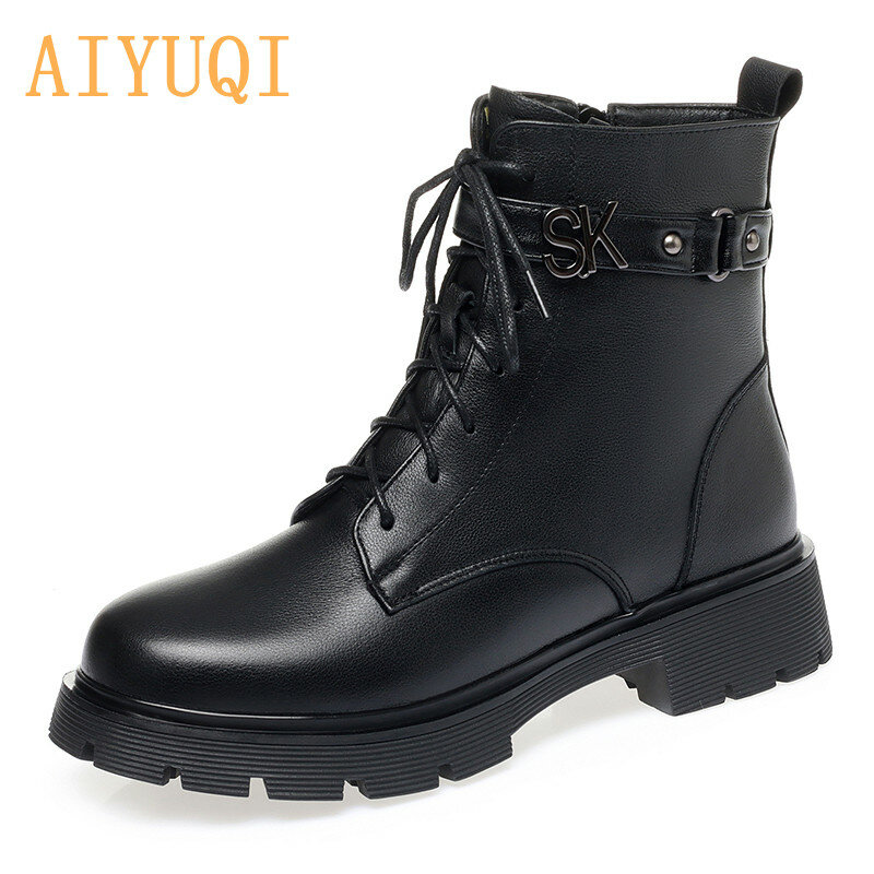 AIYUQI Women's Winter Boots Genuine Leather 2021 New Warm Women Snow Boots Large Size Round Head Wool Women's Ankle Boots