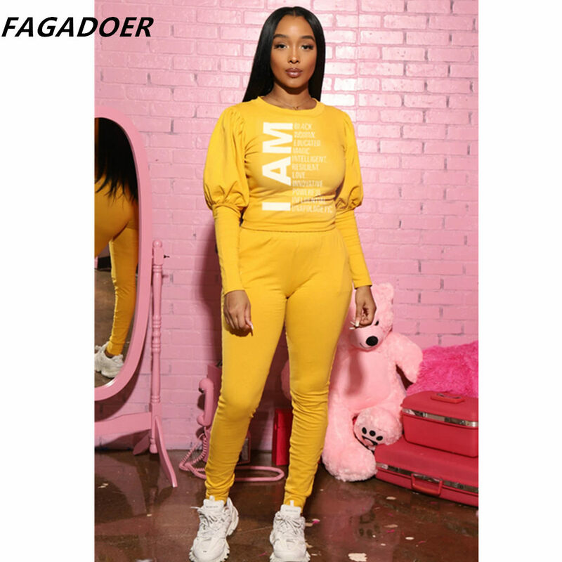 FAGADOER Autumn Two Piece Set Women Letter Print Puff Sleeve Top And Pants Tracksuit Casual 2pcs Clothing Streetwear Outfits