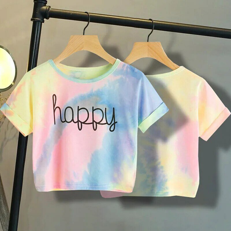 Camiseta con estampado de letra feliz para niñas, ropa informal con tinte dibujo anudado en la parte delantera, envío directo