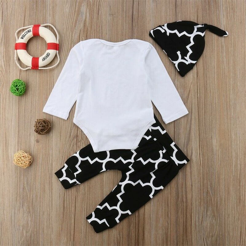 3Pcs Newborn Baby Boy Clothes Spring Autumn Long Sleeve Printed Rompers Tops +Long Pants Hat Boys Xmas Outfits 0-18M